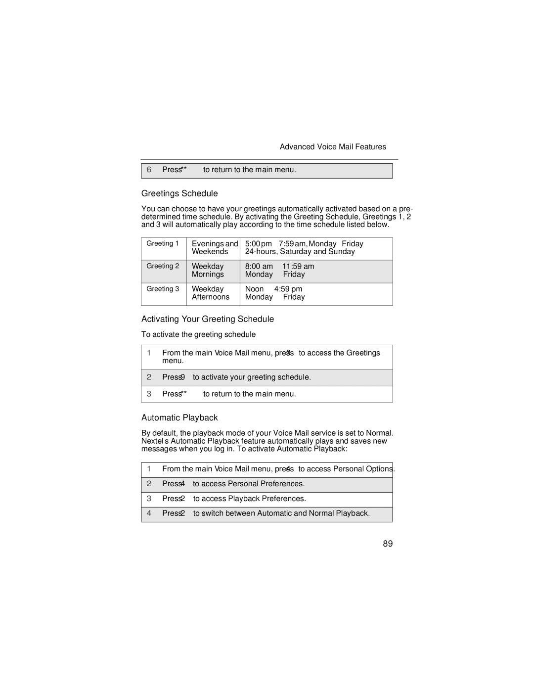 Nextel comm i58sr Greetings Schedule, Activating Your Greeting Schedule, Automatic Playback, Advanced Voice Mail Features 