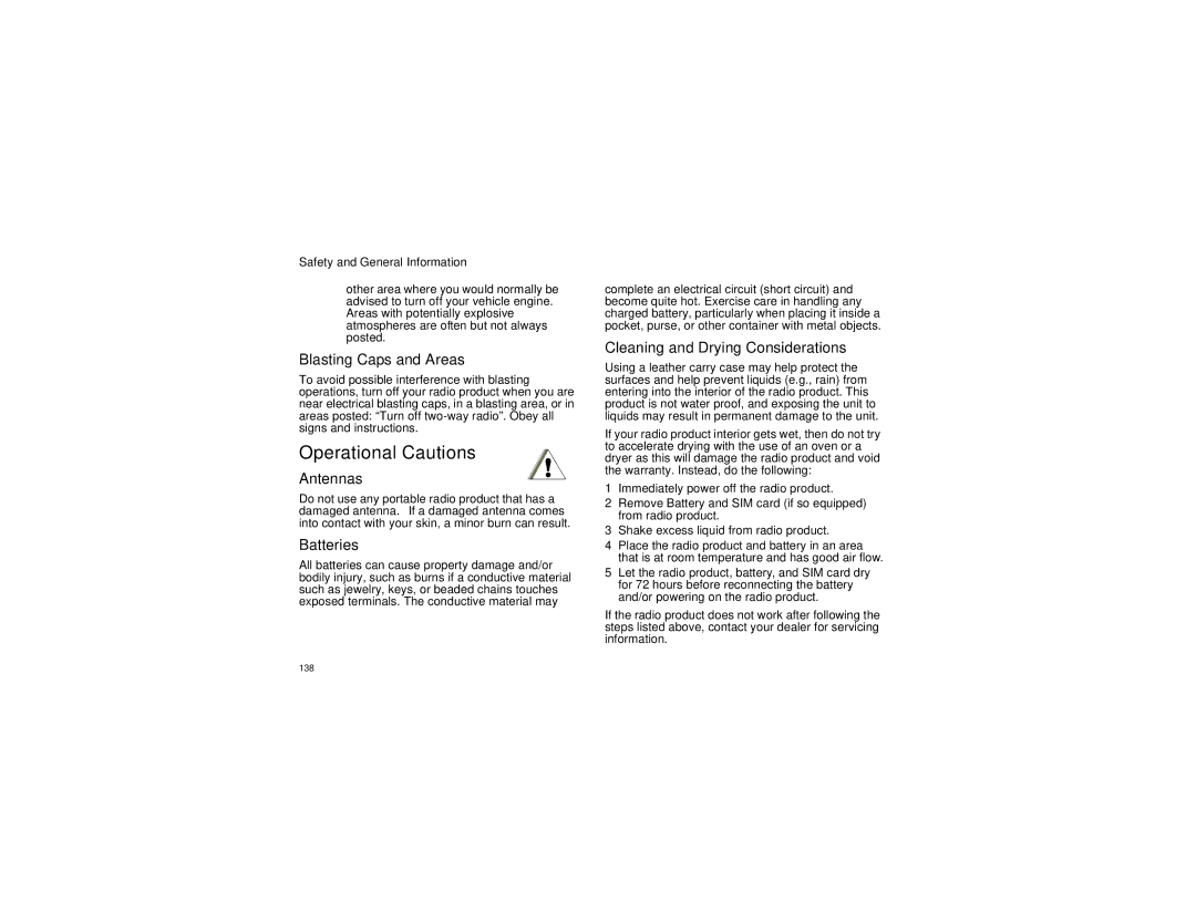 Nextel comm I730 Operational Cautions, Blasting Caps and Areas, Antennas, Batteries, Cleaning and Drying Considerations 