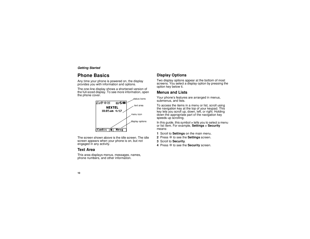 Nextel comm I730 manual Phone Basics, Text Area, Display Options, Menus and Lists 