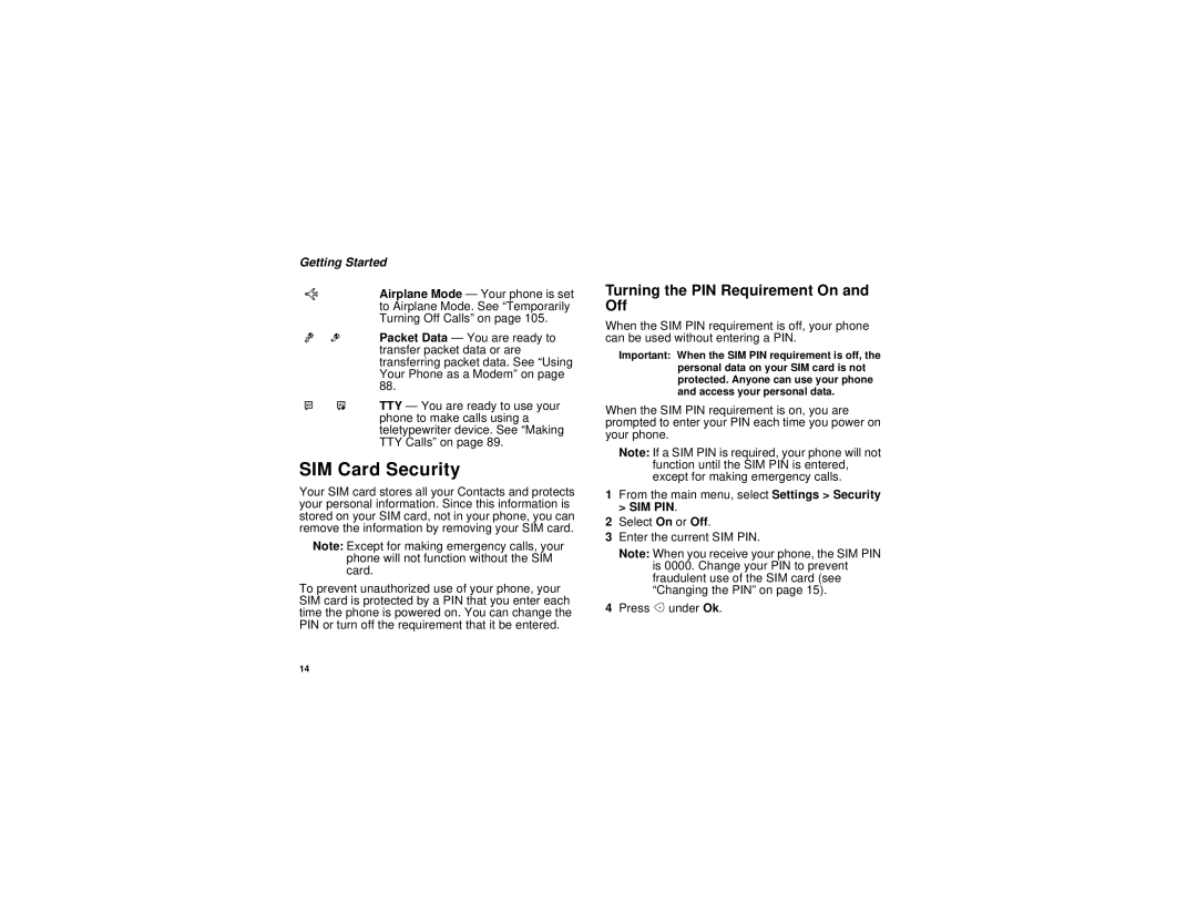 Nextel comm I730 manual SIM Card Security, Turning the PIN Requirement On and Off 