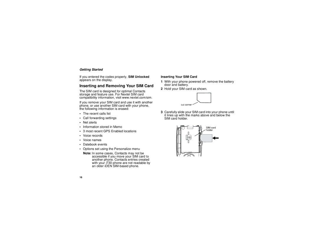 Nextel comm I730 manual Inserting and Removing Your SIM Card, Inserting Your SIM Card 