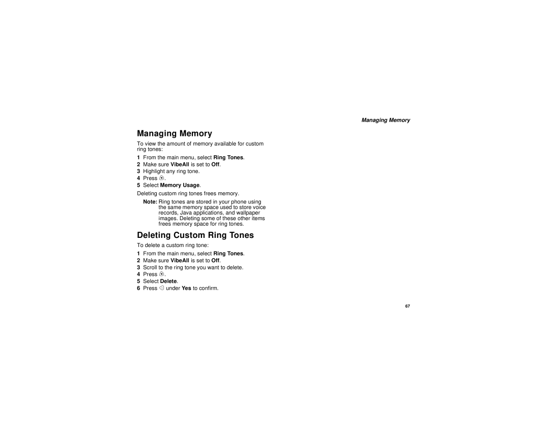 Nextel comm I730 manual Deleting Custom Ring Tones, Select Memory Usage 