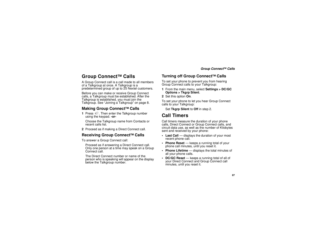 Nextel comm I730 manual Call Timers, Making Group ConnectTM Calls, Receiving Group ConnectTM Calls 