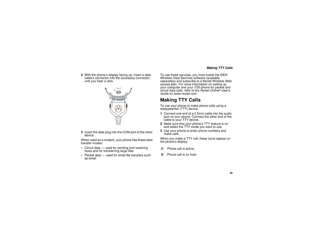 Nextel comm I730 manual Making TTY Calls 