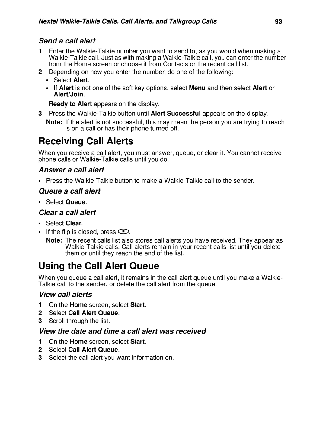 Nextel comm I920, I930 manual Receiving Call Alerts, Using the Call Alert Queue 