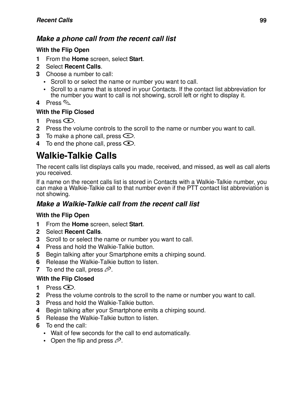 Nextel comm I920, I930 manual Walkie-Talkie Calls, Make a phone call from the recent call list 