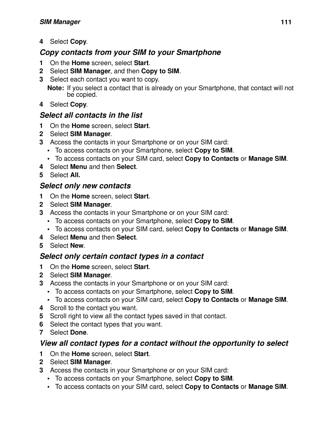 Nextel comm I920 Copy contacts from your SIM to your Smartphone, Select all contacts in the list, Select only new contacts 