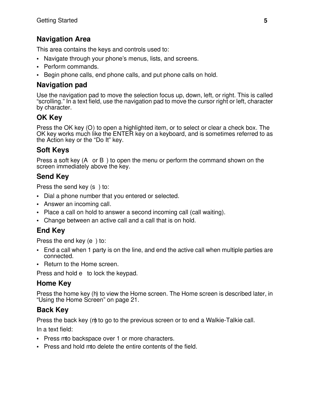 Nextel comm I920, I930 manual Navigation Area, Navigation pad, OK Key, Soft Keys, Send Key, End Key, Home Key, Back Key 