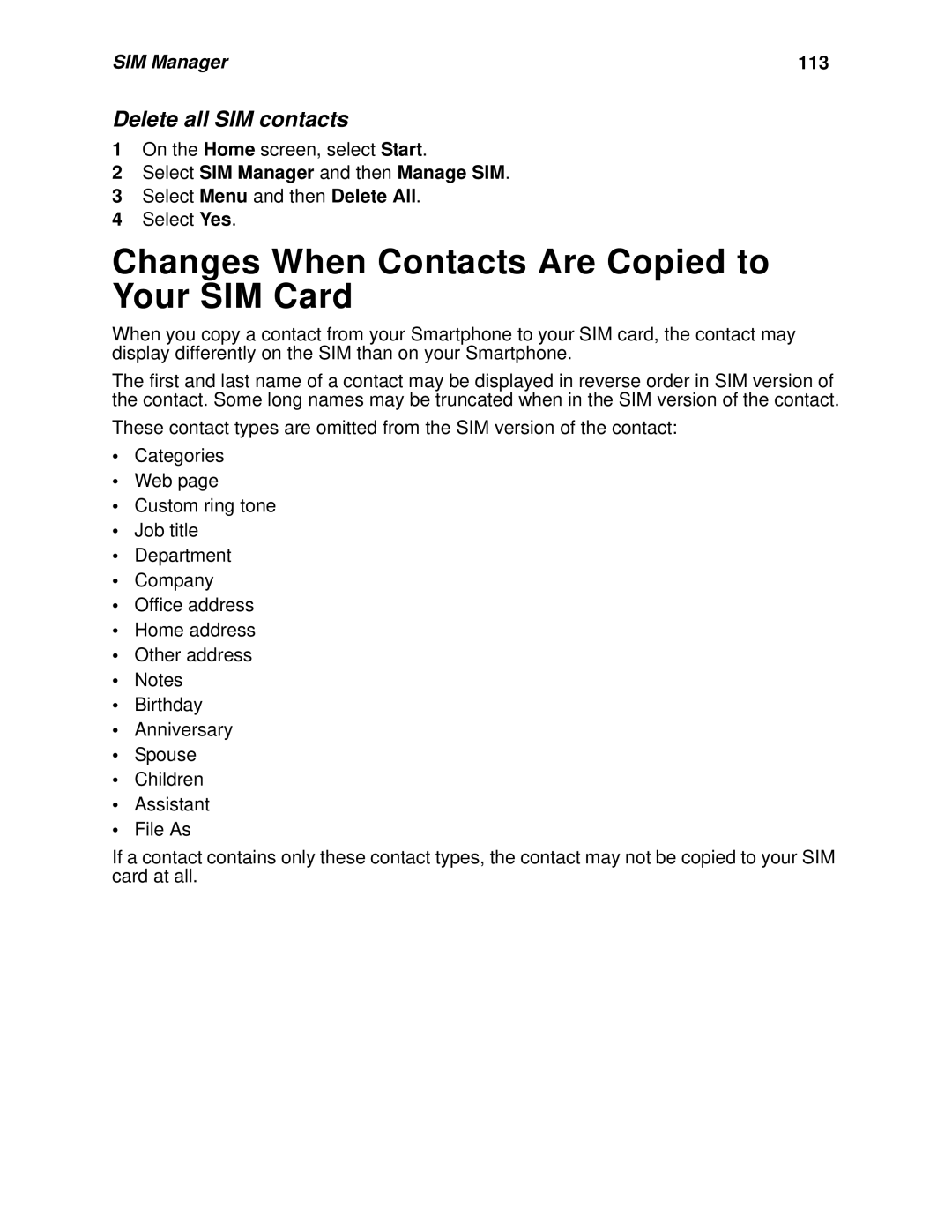 Nextel comm I920, I930 manual Changes When Contacts Are Copied to Your SIM Card, Delete all SIM contacts, SIM Manager 113 