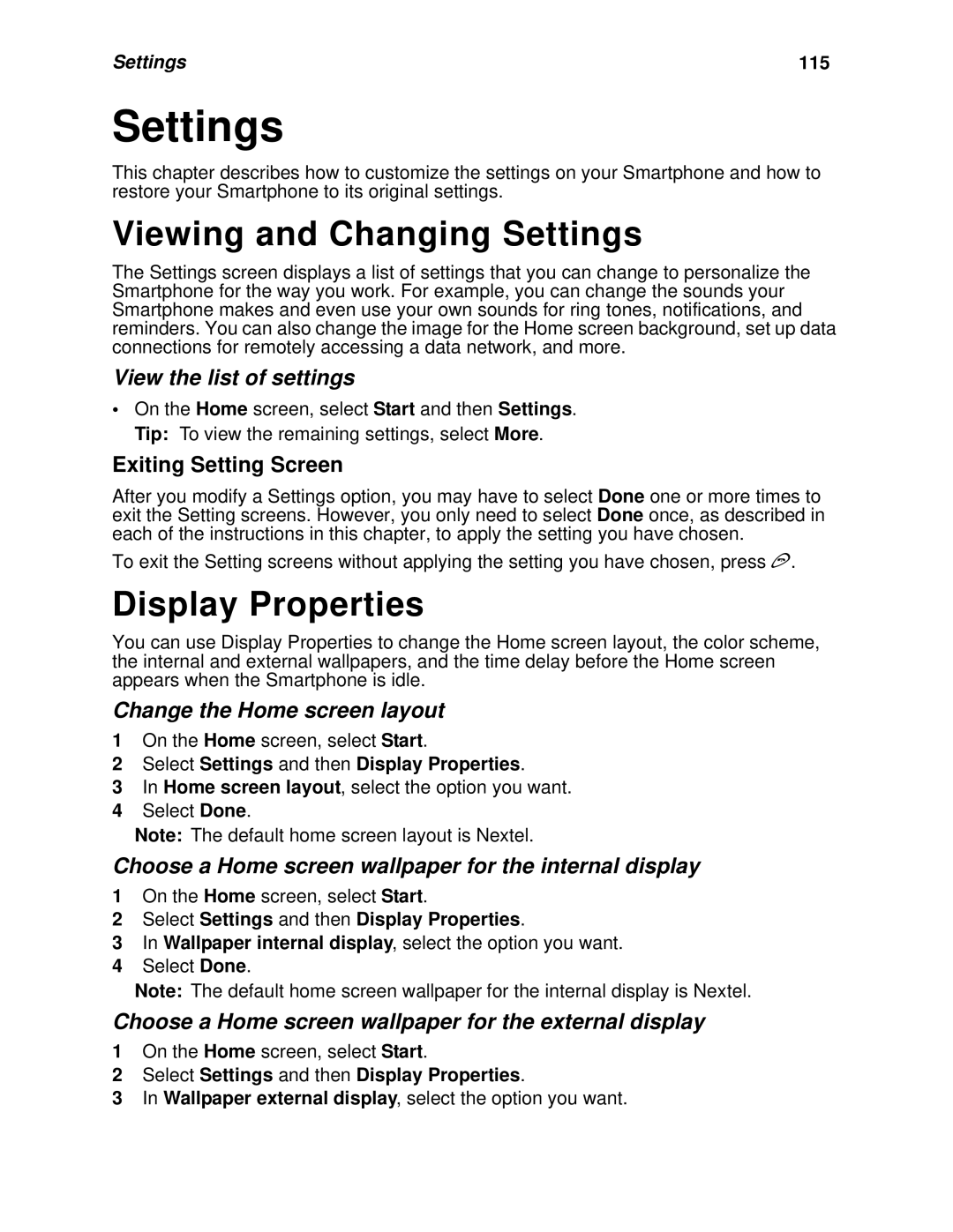 Nextel comm I920, I930 manual Viewing and Changing Settings, Display Properties 