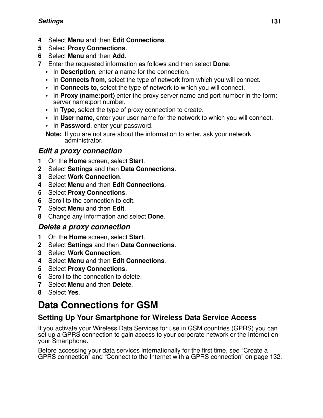 Nextel comm I920, I930 manual Edit a proxy connection, Delete a proxy connection, Settings 131 