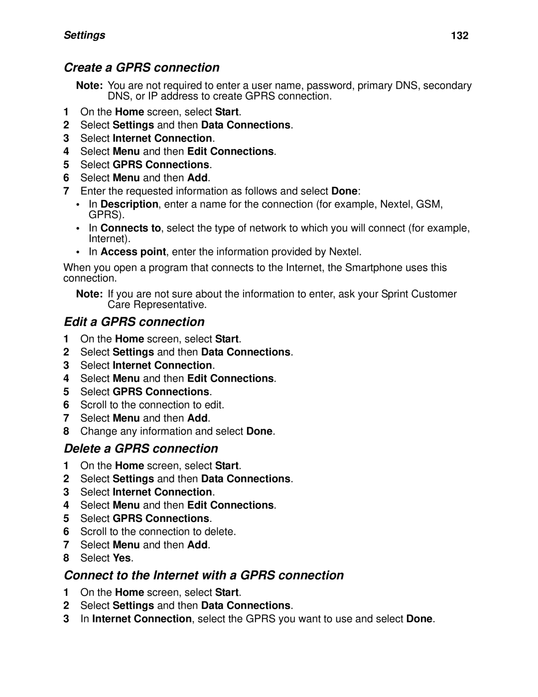 Nextel comm I930, I920 manual Create a Gprs connection, Settings 132 