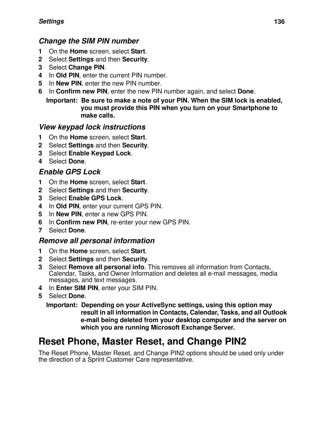 Nextel comm I930 Reset Phone, Master Reset, and Change PIN2, Change the SIM PIN number, View keypad lock instructions 