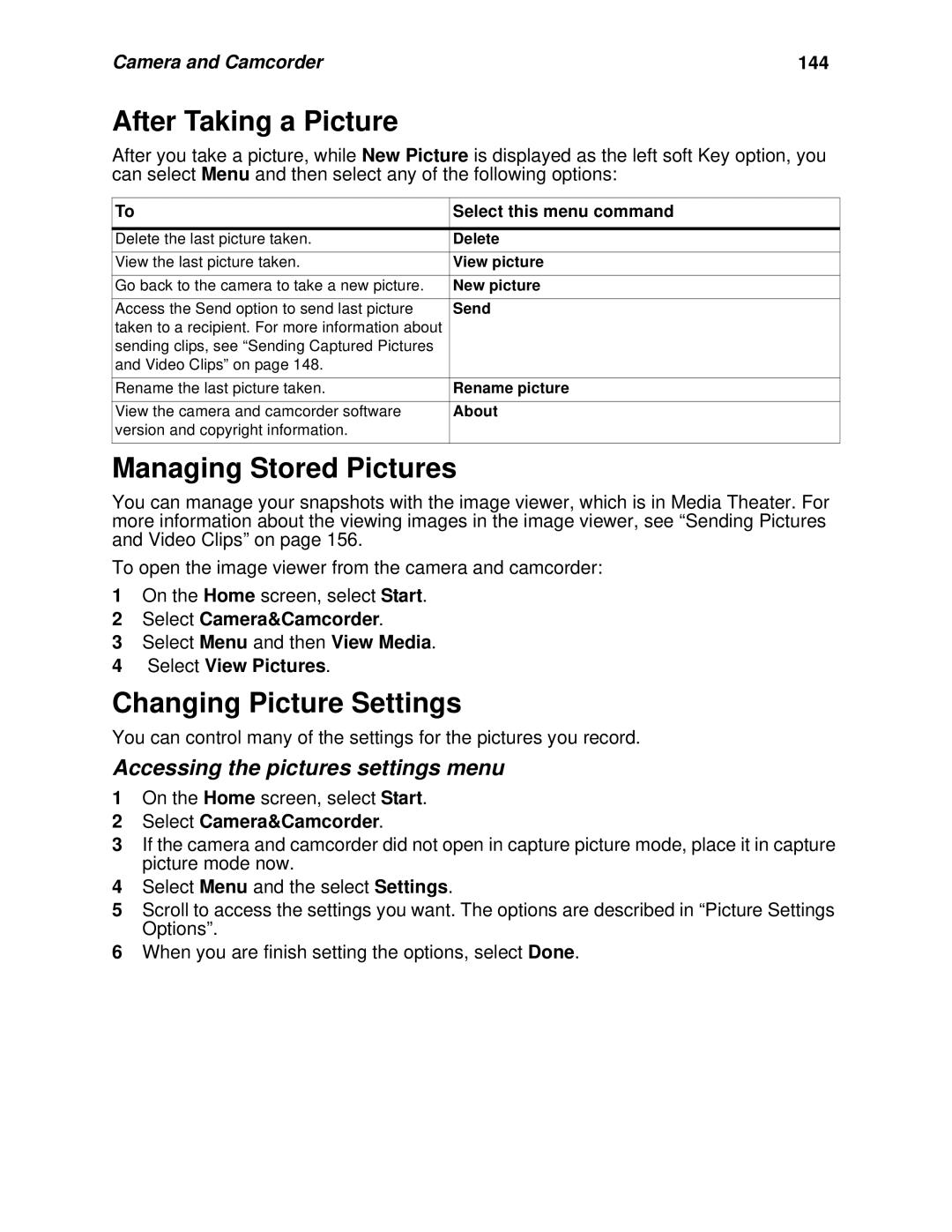 Nextel comm I930 After Taking a Picture, Managing Stored Pictures, Changing Picture Settings, Camera and Camcorder 144 