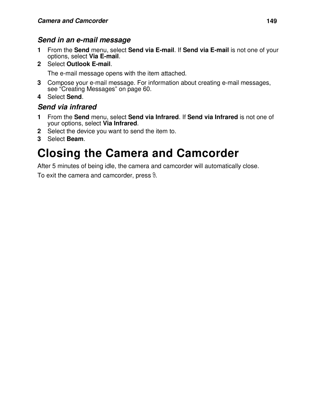 Nextel comm I920 Closing the Camera and Camcorder, Send in an e-mail message, Send via infrared, Camera and Camcorder 149 