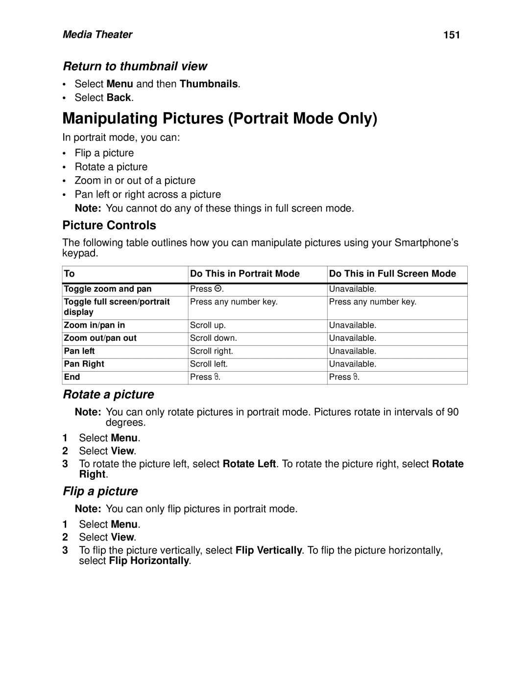 Nextel comm I920 Manipulating Pictures Portrait Mode Only, Return to thumbnail view, Picture Controls, Rotate a picture 