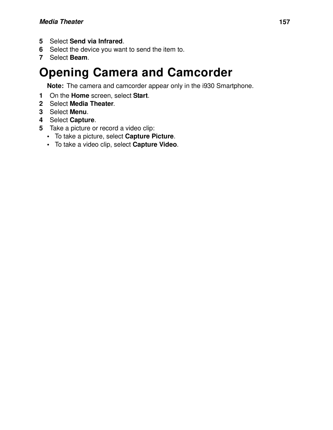 Nextel comm I920, I930 manual Opening Camera and Camcorder, Media Theater 157, Select Send via Infrared 