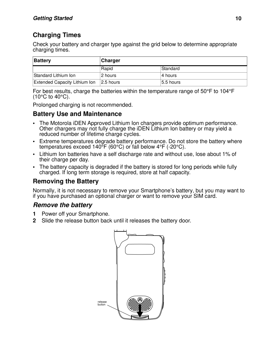 Nextel comm I930, I920 manual Charging Times, Battery Use and Maintenance, Removing the Battery, Remove the battery 