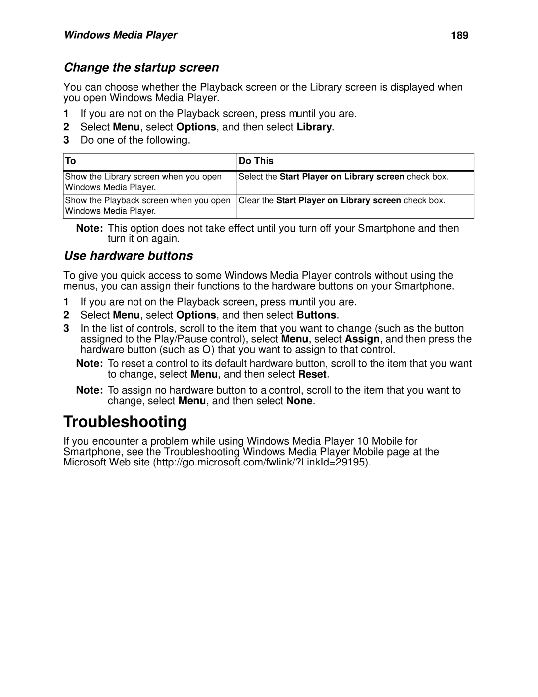 Nextel comm I920, I930 manual Troubleshooting, Change the startup screen, Use hardware buttons, Windows Media Player 189 