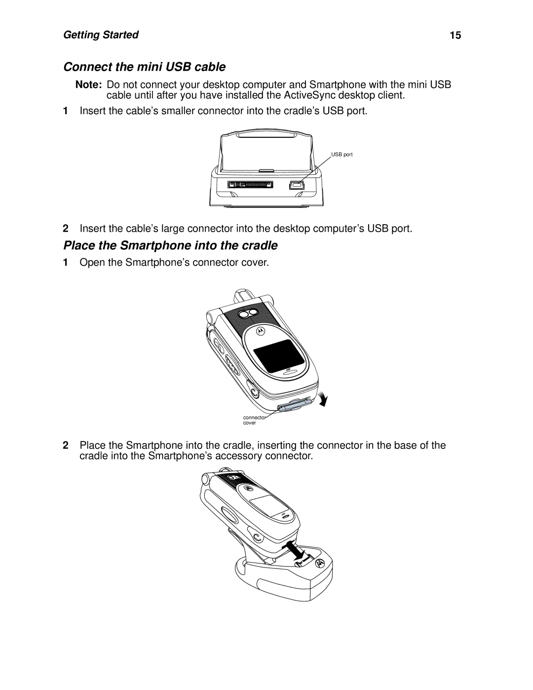 Nextel comm I920, I930 manual Connect the mini USB cable, Place the Smartphone into the cradle 