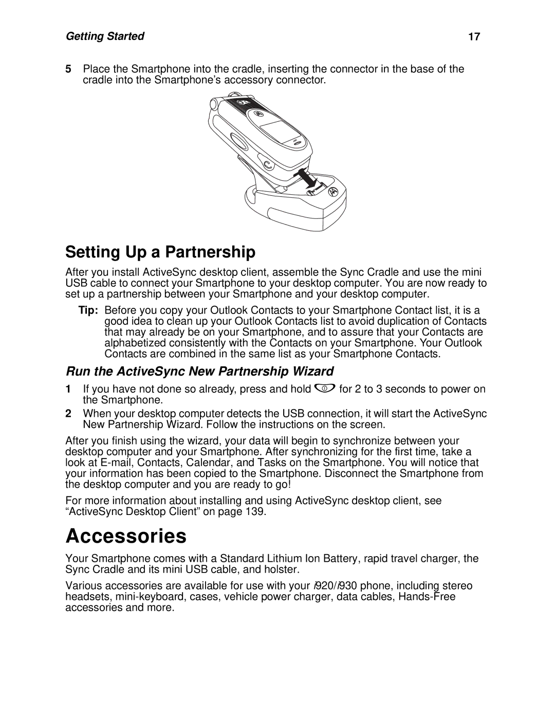 Nextel comm I920, I930 manual Accessories, Setting Up a Partnership, Run the ActiveSync New Partnership Wizard 