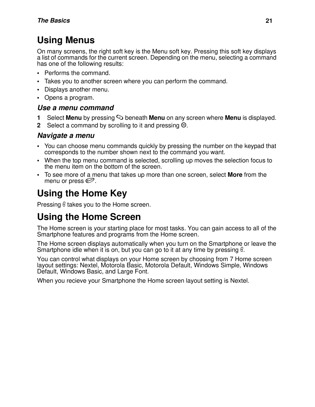 Nextel comm I920, I930 manual Using Menus, Using the Home Key, Using the Home Screen, Use a menu command, Navigate a menu 