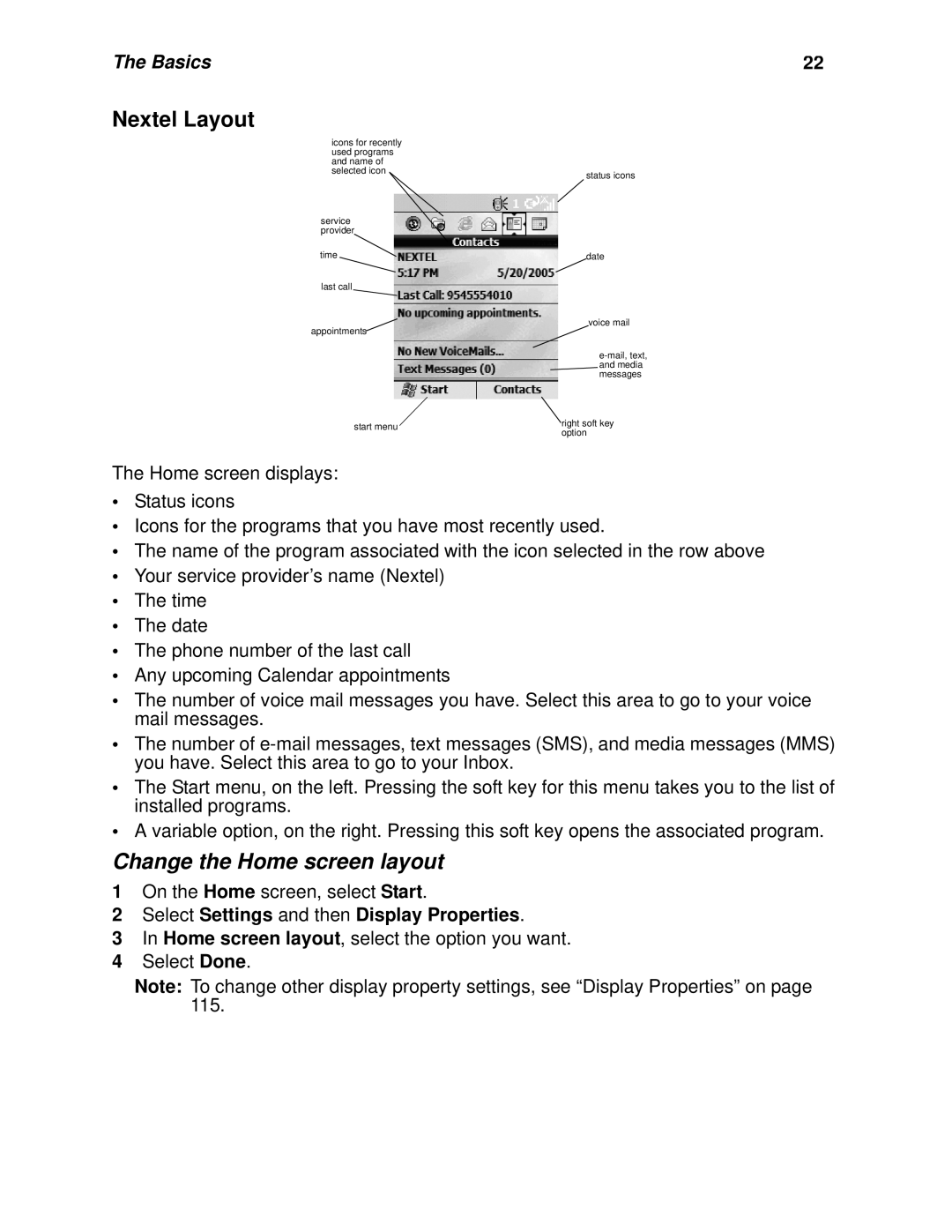 Nextel comm I930, I920 manual Nextel Layout, Change the Home screen layout, Select Settings and then Display Properties 