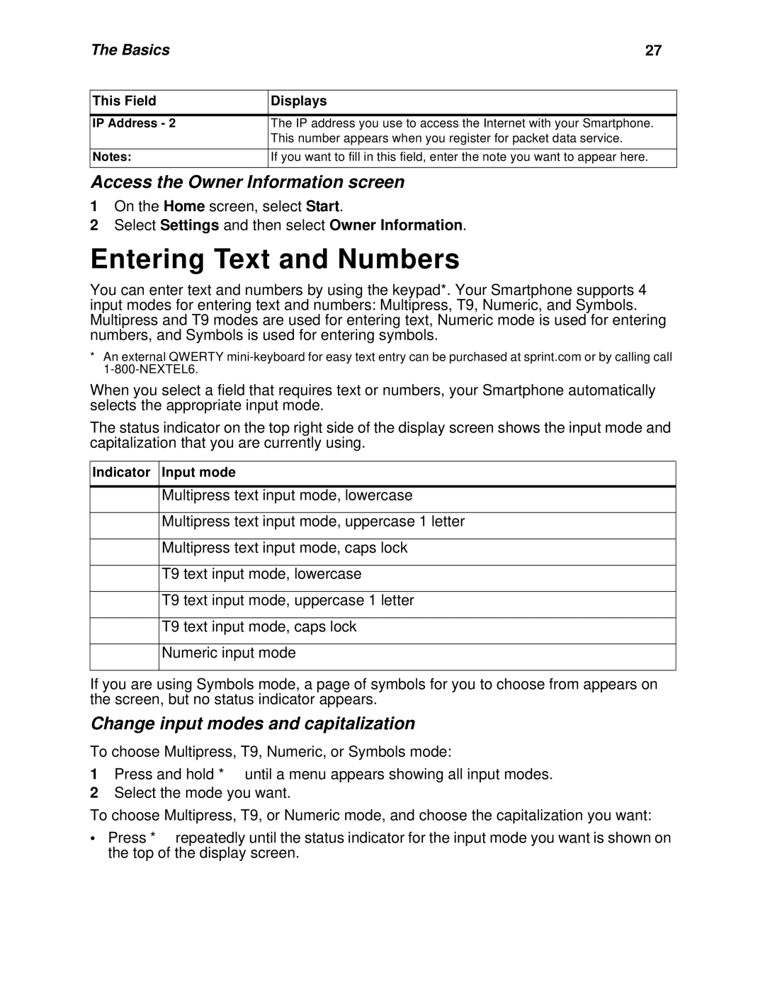 Nextel comm I920 Entering Text and Numbers, Access the Owner Information screen, Change input modes and capitalization 