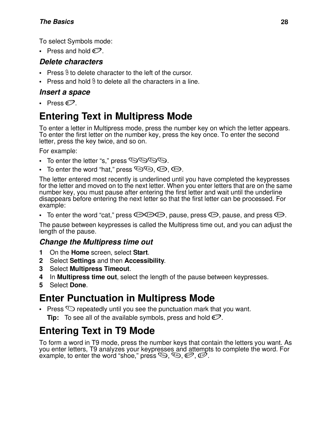 Nextel comm I930, I920 Entering Text in Multipress Mode, Enter Punctuation in Multipress Mode, Entering Text in T9 Mode 