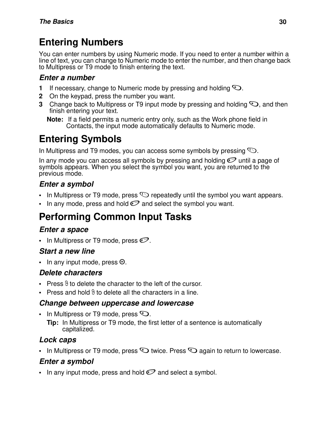 Nextel comm I930, I920 manual Entering Numbers, Entering Symbols, Performing Common Input Tasks 
