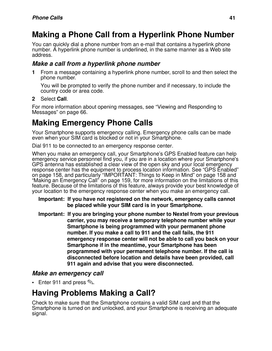 Nextel comm I920 Making a Phone Call from a Hyperlink Phone Number, Making Emergency Phone Calls, Make an emergency call 