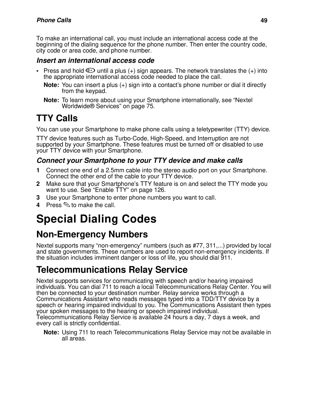 Nextel comm I920, I930 manual Special Dialing Codes, TTY Calls, Non-Emergency Numbers, Telecommunications Relay Service 