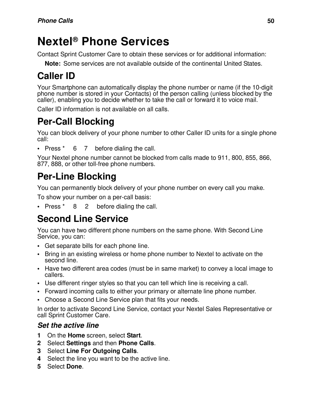 Nextel comm I930, I920 manual Nextel Phone Services, Caller ID, Per-Call Blocking, Per-Line Blocking, Second Line Service 