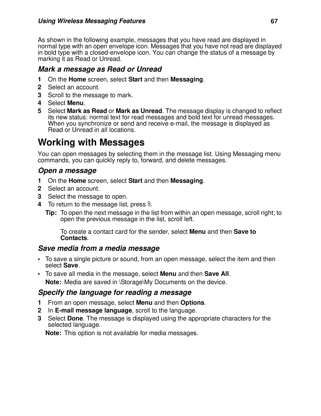 Nextel comm I920 Working with Messages, Mark a message as Read or Unread, Open a message, Save media from a media message 