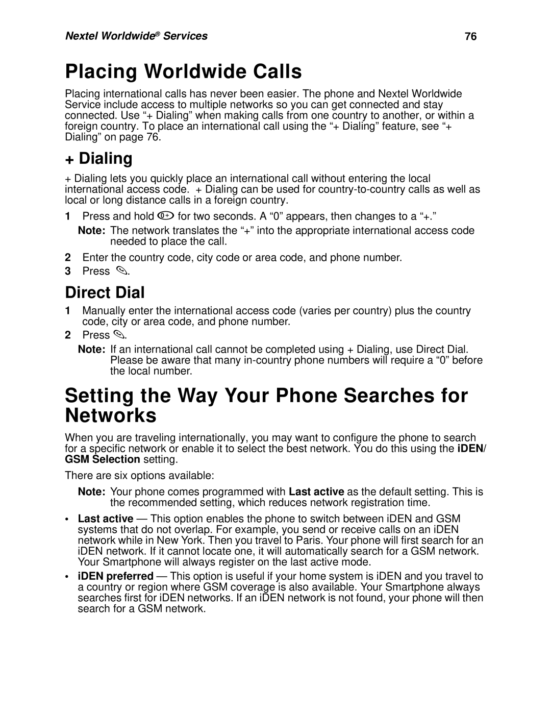 Nextel comm I930, I920 Placing Worldwide Calls, Setting the Way Your Phone Searches for Networks, + Dialing, Direct Dial 