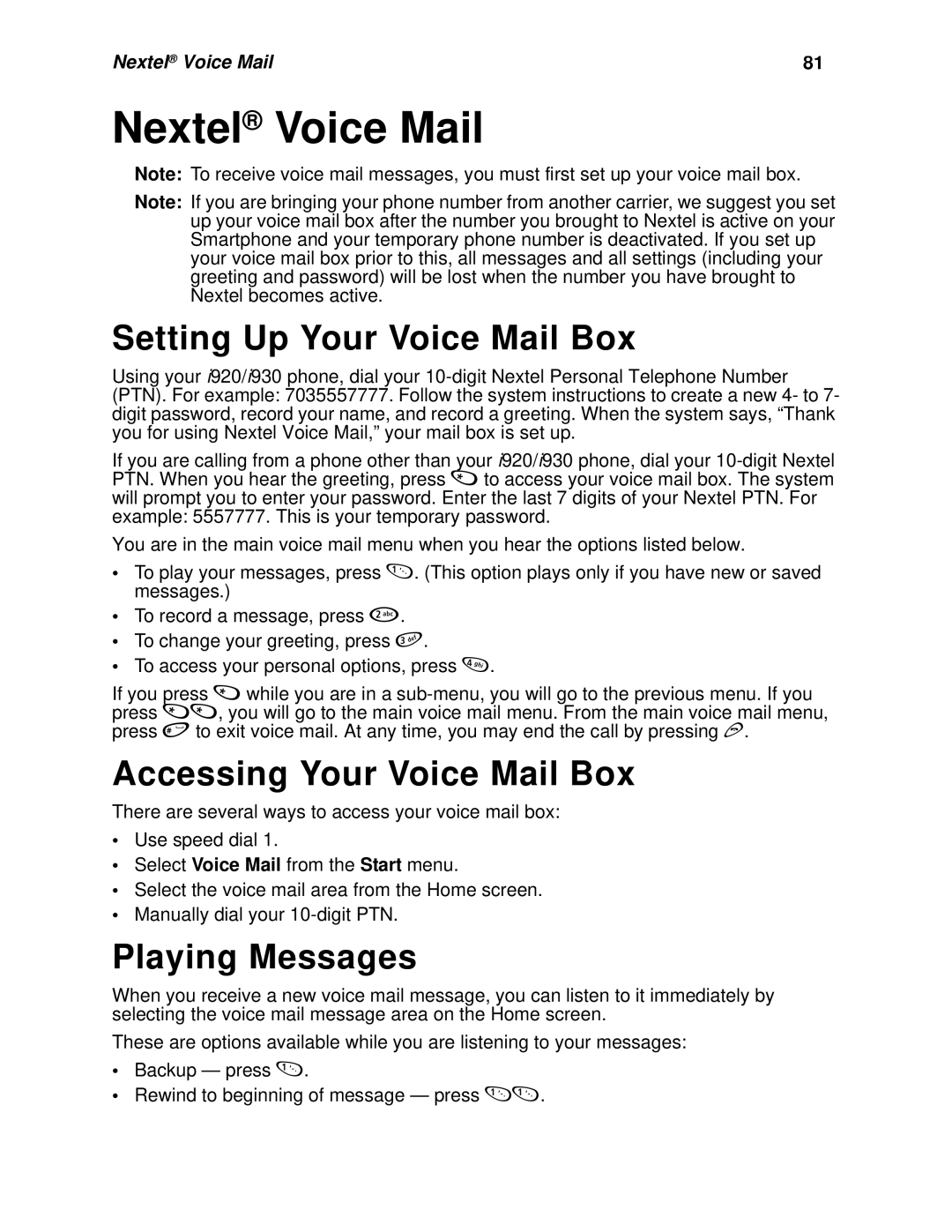 Nextel comm I920, I930 Nextel Voice Mail, Setting Up Your Voice Mail Box, Accessing Your Voice Mail Box, Playing Messages 