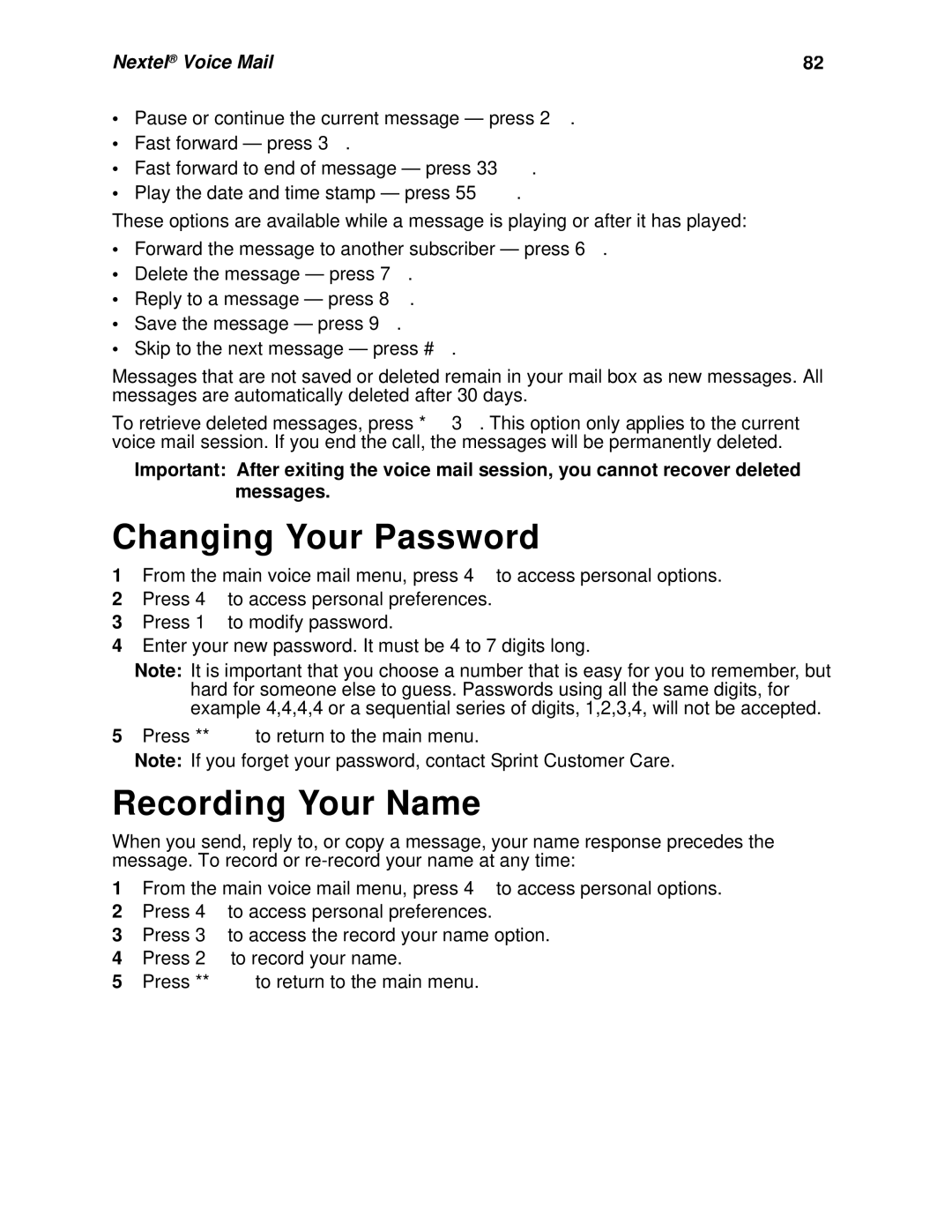 Nextel comm I930, I920 manual Changing Your Password, Recording Your Name 