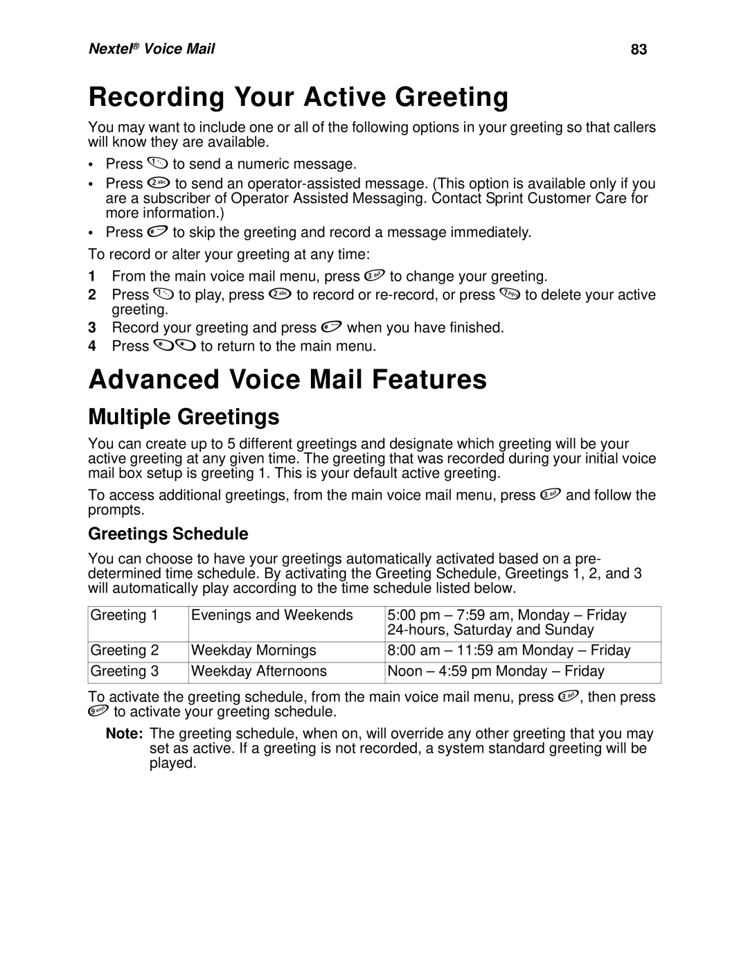 Nextel comm I920 Recording Your Active Greeting, Advanced Voice Mail Features, Multiple Greetings, Greetings Schedule 