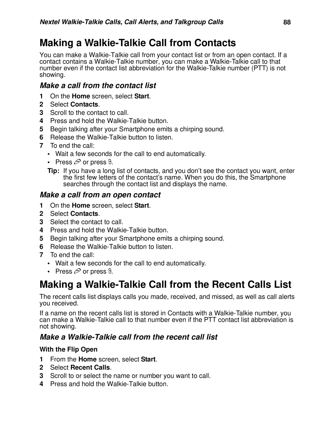 Nextel comm I930, I920 Making a Walkie-Talkie Call from Contacts, Making a Walkie-Talkie Call from the Recent Calls List 