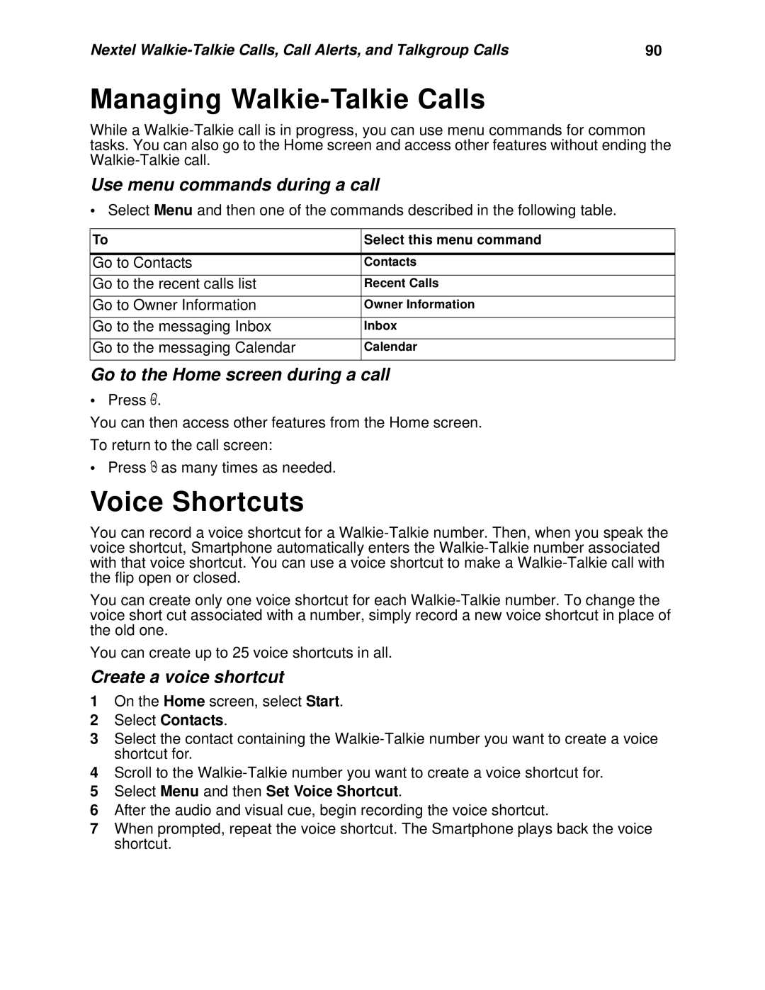 Nextel comm I930, I920 manual Managing Walkie-Talkie Calls, Voice Shortcuts, Create a voice shortcut 