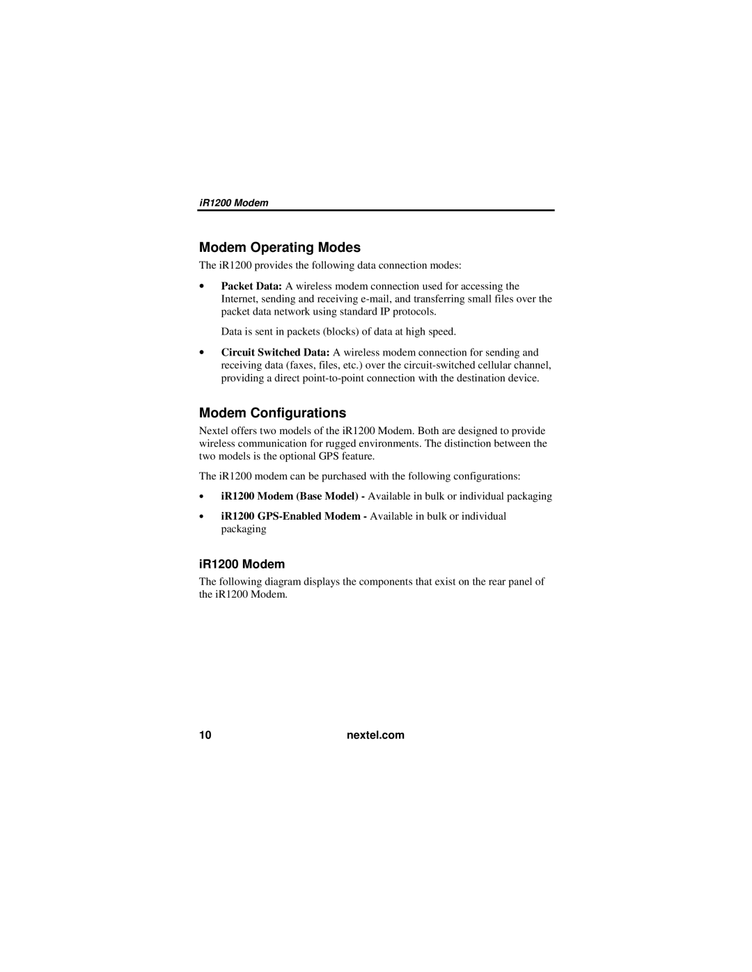 Nextel comm manual Modem Operating Modes, Modem Configurations, IR1200 Modem 