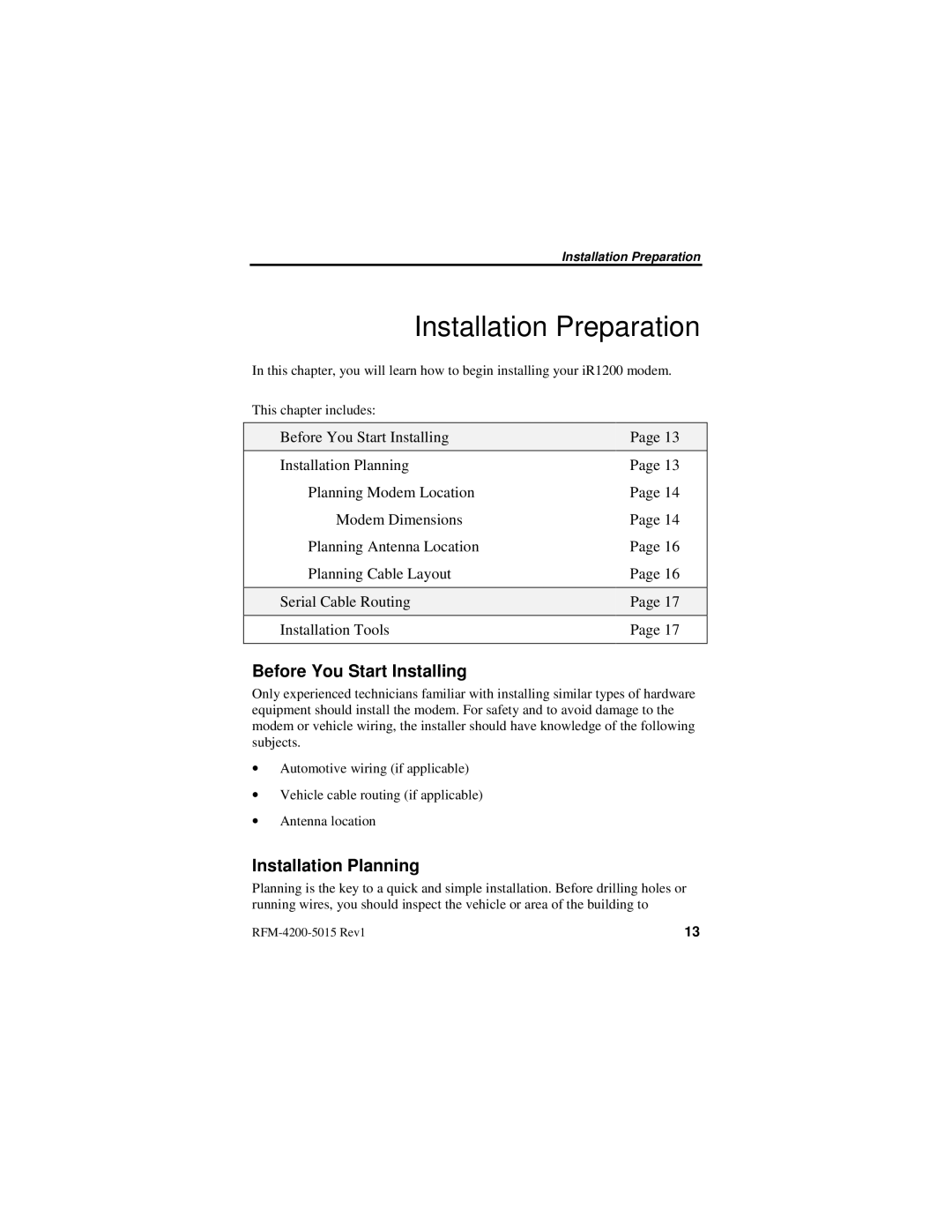 Nextel comm IR1200 manual Installation Preparation, Before You Start Installing, Installation Planning 