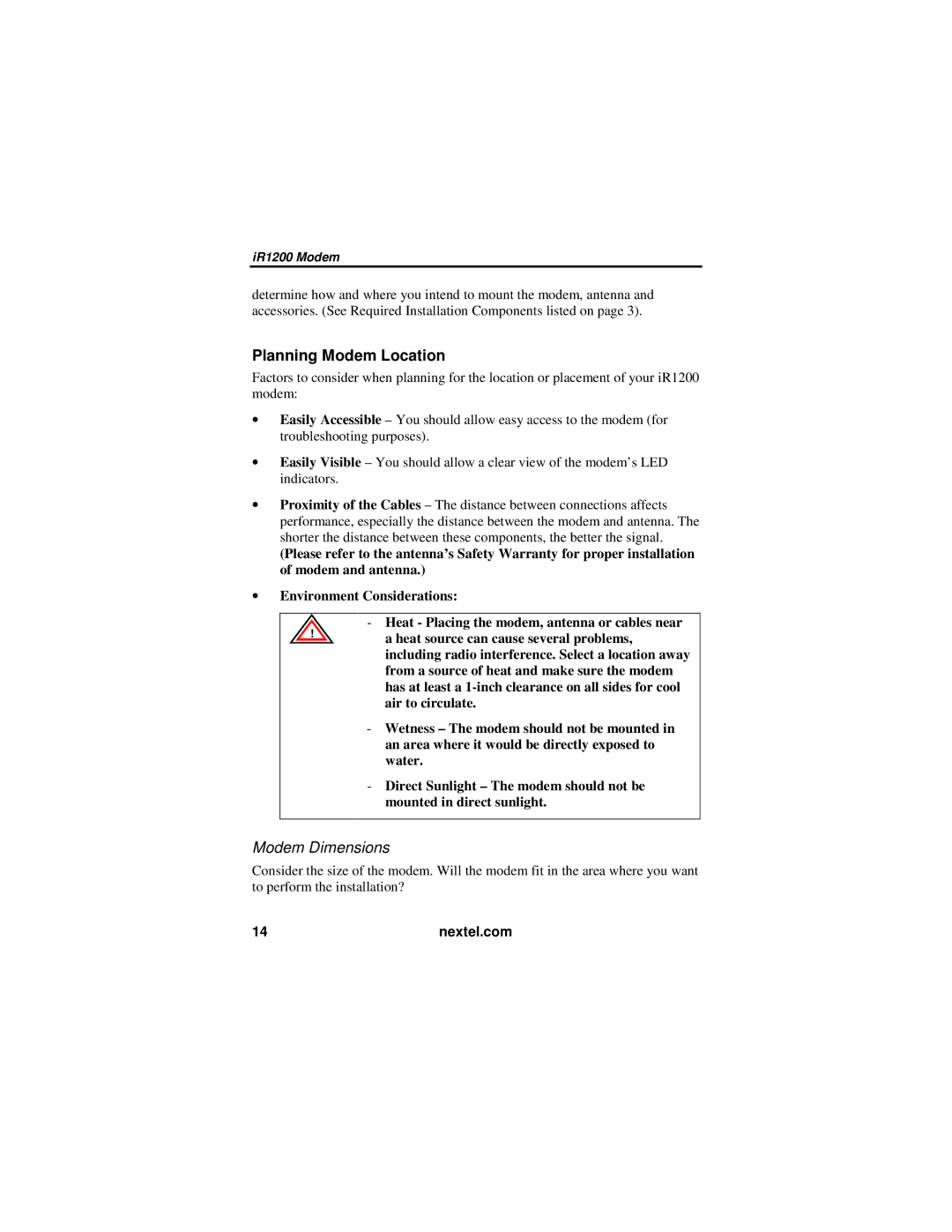 Nextel comm IR1200 manual Planning Modem Location, Modem Dimensions 