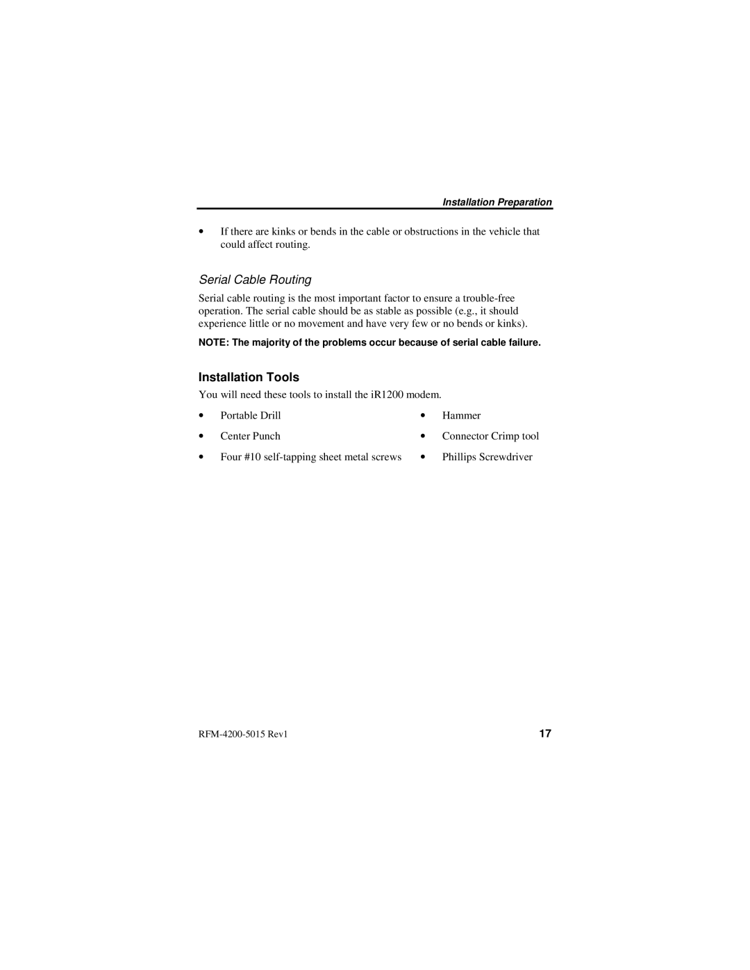 Nextel comm IR1200 manual Serial Cable Routing, Installation Tools 