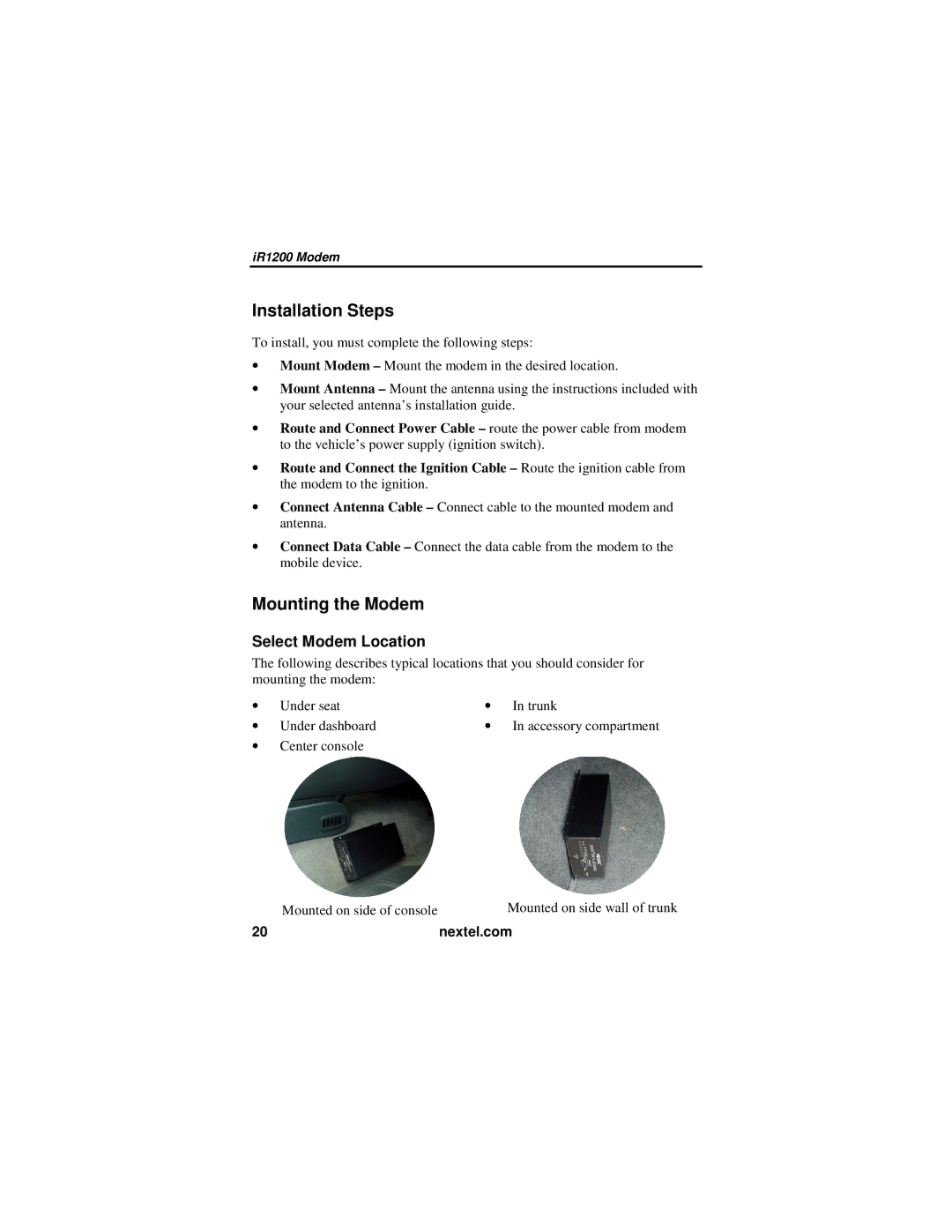 Nextel comm IR1200 manual Installation Steps, Mounting the Modem, Select Modem Location 