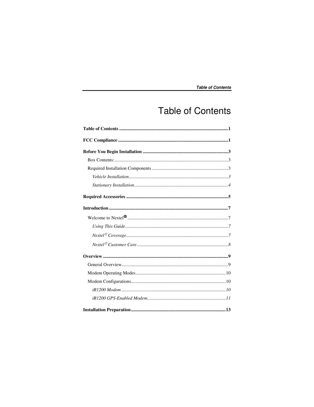 Nextel comm IR1200 manual Table of Contents 