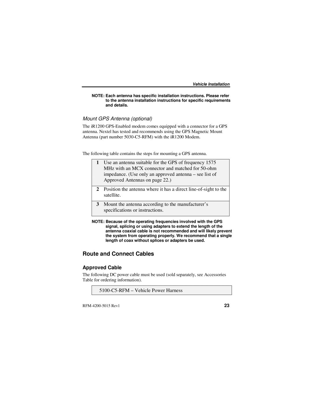 Nextel comm IR1200 manual Route and Connect Cables, Approved Cable 