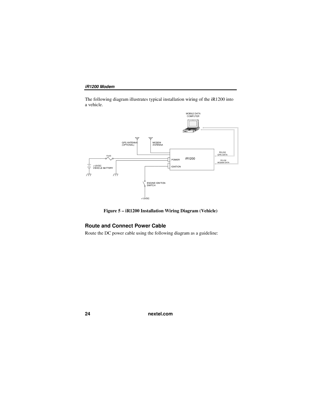 Nextel comm IR1200 manual Route and Connect Power Cable, Mobile Data Computer 