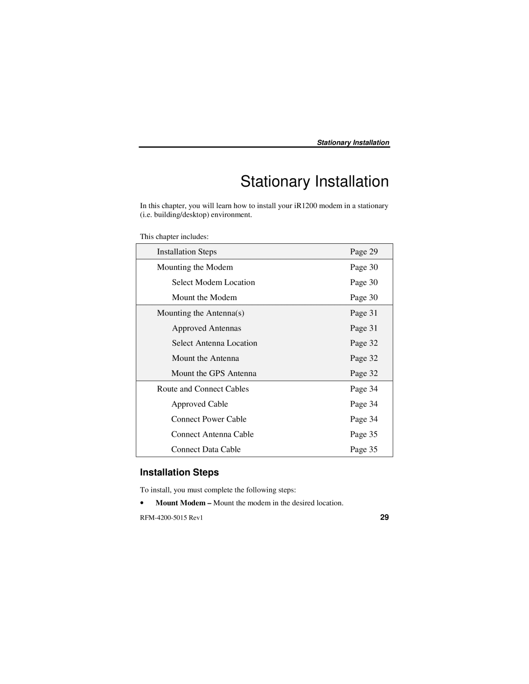 Nextel comm IR1200 manual Stationary Installation, Installation Steps 