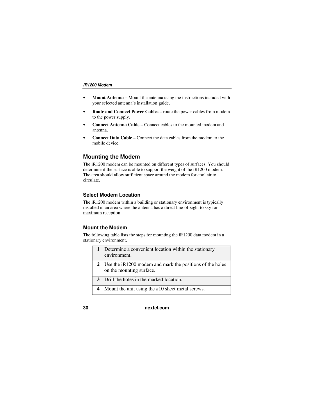 Nextel comm IR1200 manual Mounting the Modem 